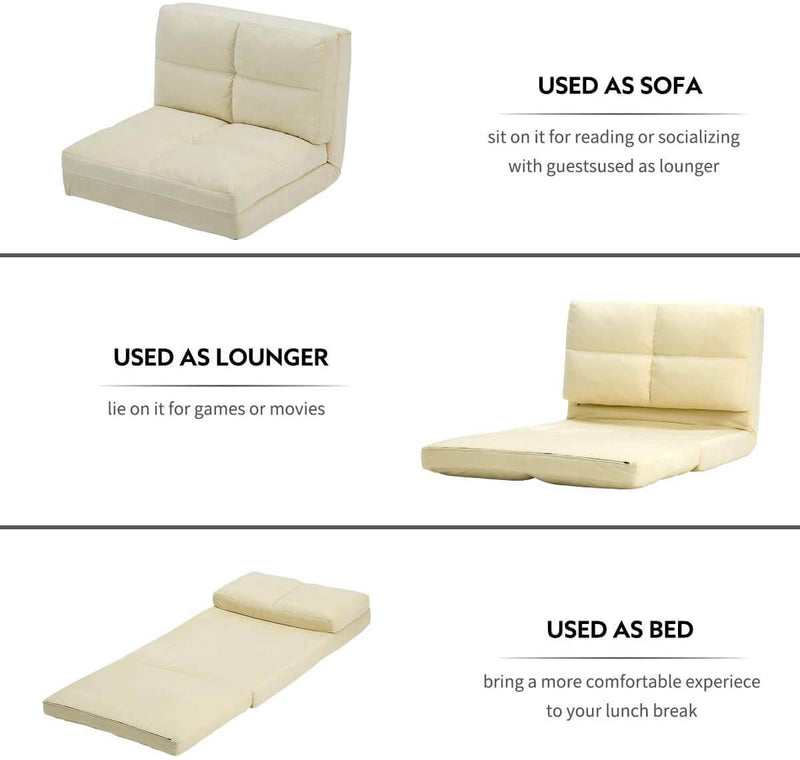 Triple Fold Down Sofa Bed, Adjustable Floor Couch Sofa 5 Adjustable Positions 6 Reclining Angles Sleeper Sofa Guest Chaise Loungefor Living Room and Bedroom, Beige