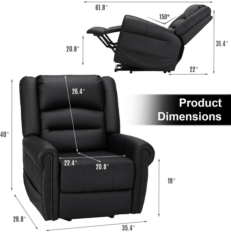 Power Lift Recliner Chair for Elderly, Faux Leather with Rivet Design Electric Recliner Chair with Heated Vibration Massage, Side Pockets & USB Port, Black