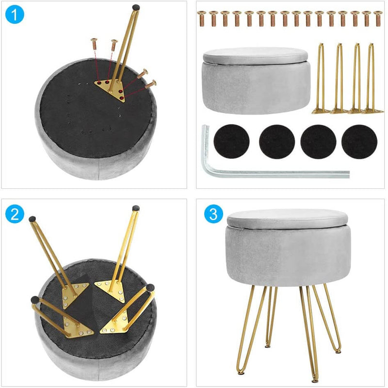 Velvet Footrest Storage Ottoman Round Modern Upholstered Vanity Footstool Side Table Seat Dressing Chair with Golden Metal Leg, Gray