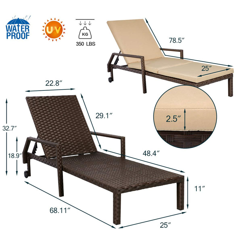 Adjustable Outdoor Chaise Lounge Chair Rattan Wicker Patio Lounge Chair with Cushion and Wheels,Brown