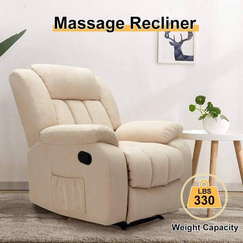 Massage Recliner Chair Fabric Heated Ergonomic Lounge Chair Overstuffed Reclining Chair Single Sofa for Living Room, Remote Control, Beige