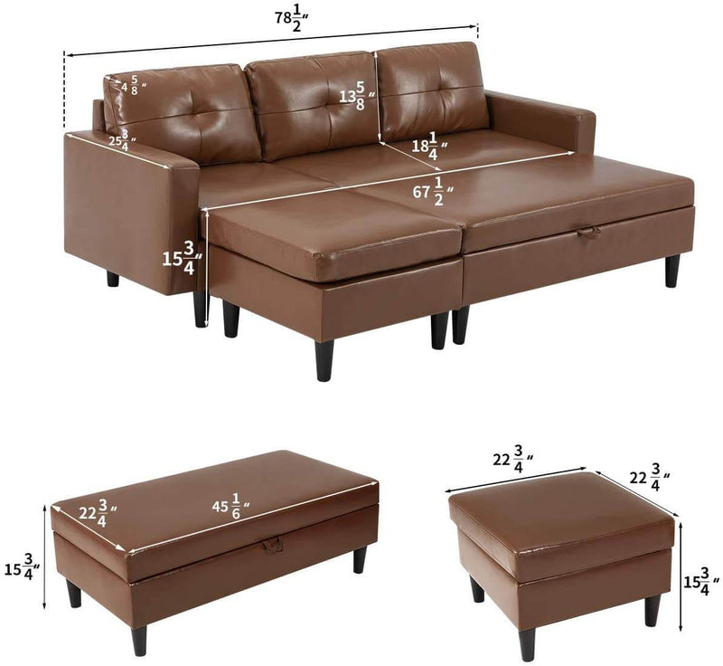 Small Faux Leather Sectional Sofa with Storage Ottoman and Chaise Lounge, 3-Seat Living Room Furniture Sets for Small Apartment, Brown