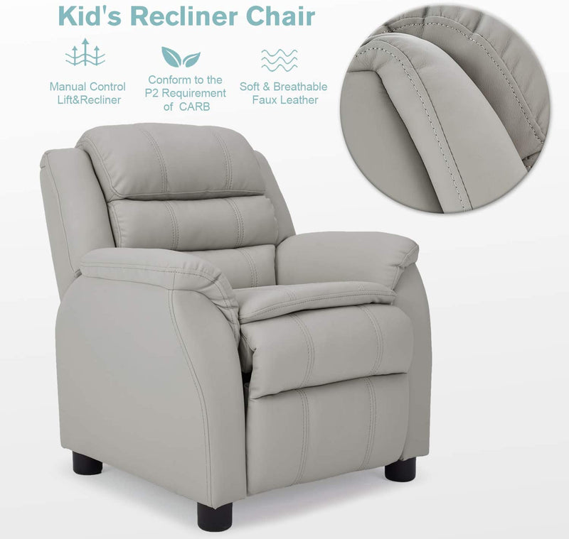 Kids Recliner Chair, Children Recliner PU Leather Armchair for Toddler Boys Girls, Lightweight Sofa Chair, 4+ Age Group, Gray