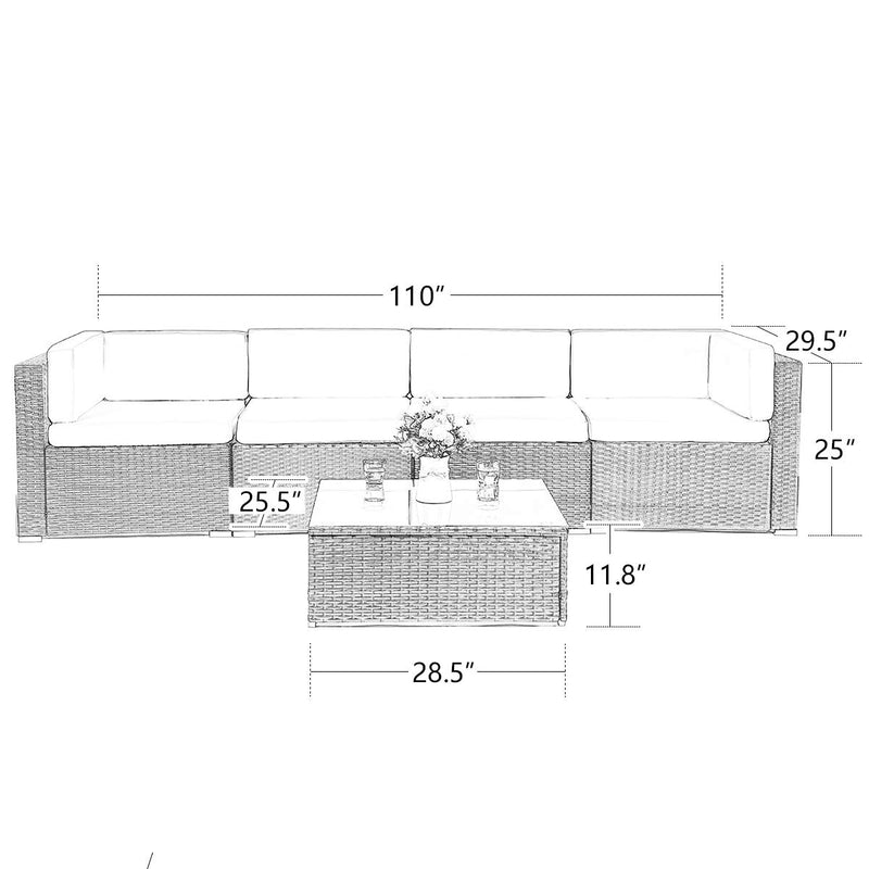 5 Pieces Brown Patio PE Rattan Wicker Sofa Set Outdoor Sectional Furniture Chair Set with Cushions and Tea Table Brown