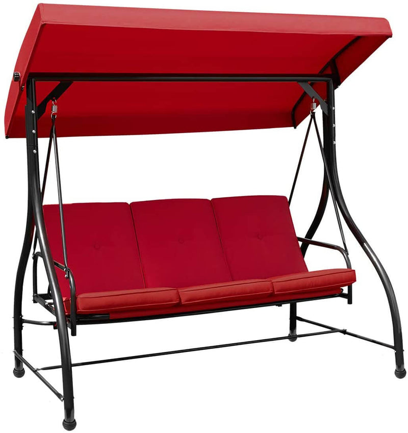 3 Person Patio Porch Swing Outdoor Swing Chair with Adjustable Canopy Weather Resistant Steel Frame & Padded, Red