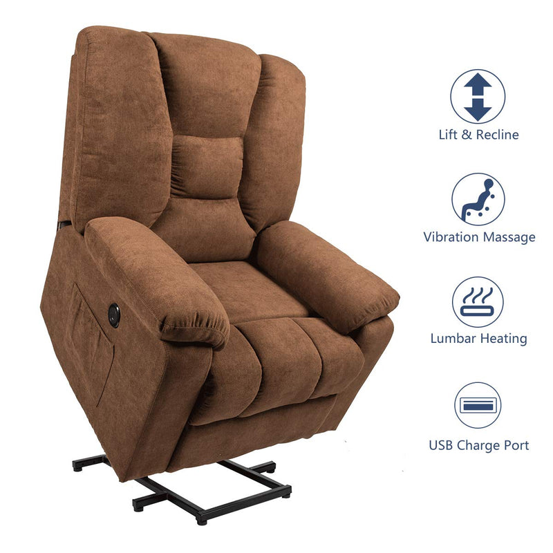 Microfiber Power Lift Electric Recliner Chair with Heated Vibration Massage Sofa Fabric Living Room Chair with 2 Side Pockets, USB Charge Port & Remote Control, Brown