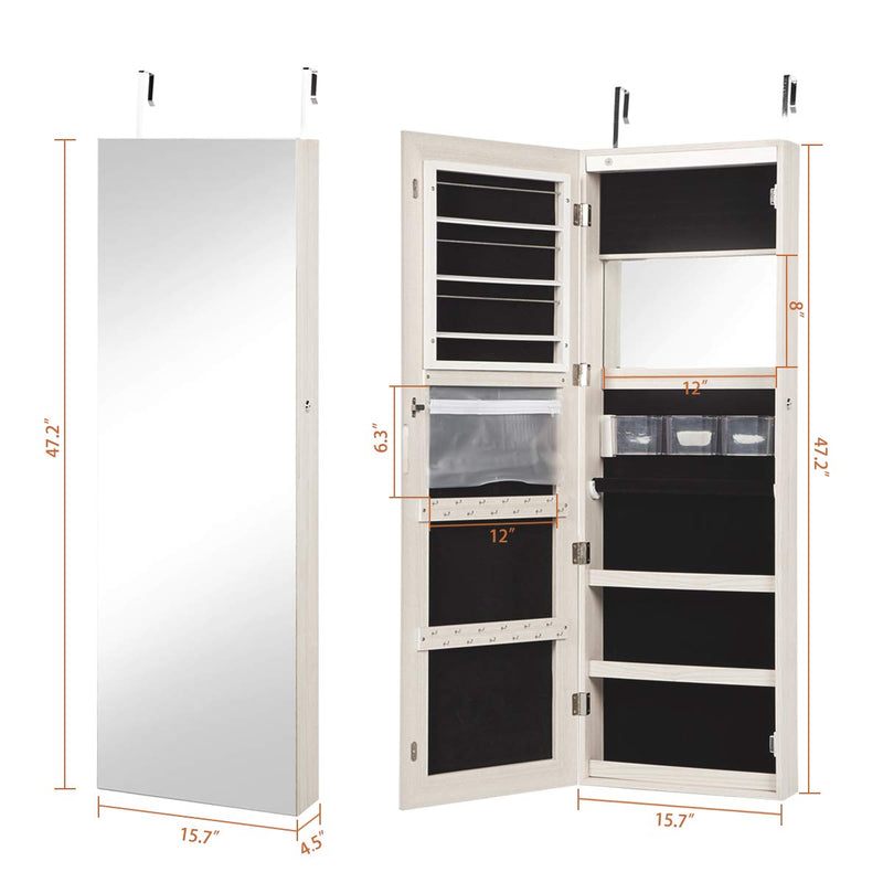 Lockable Design Jewelry Armoire, Frameless Full Length Mirror with LED Light Strip (Wall-Mounted)