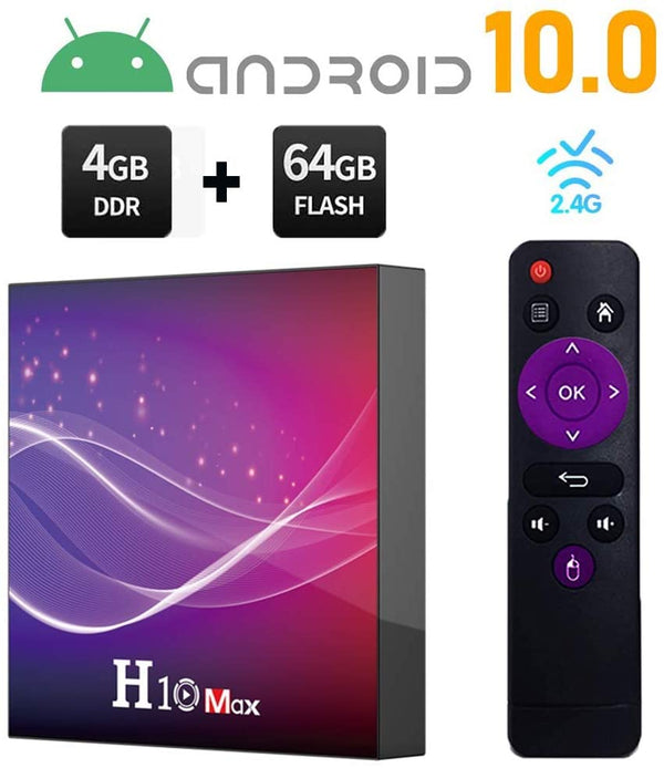 Android 10.0 TV Box Smart TV Box 4GB RAM 64GB ROM, HD 6K 2.4G WiFi BT4.0 1000M,Streaming Media Player