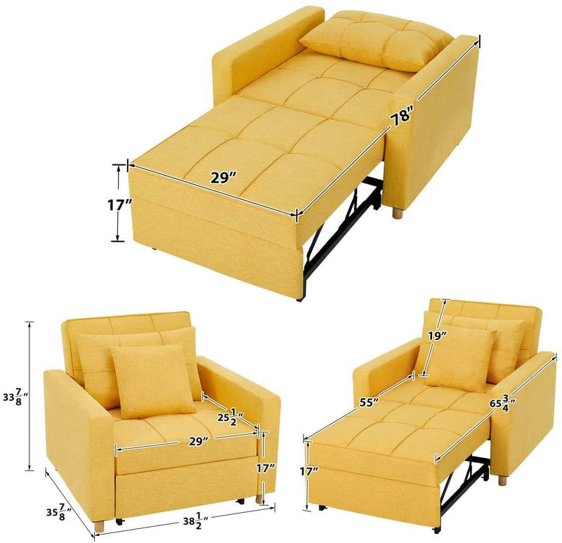 Sofa Bed 3-in-1 Convertible Chair Multi-Functional Adjustable Recliner, Sofa, Bed, Modern Linen Fabric, Yellow