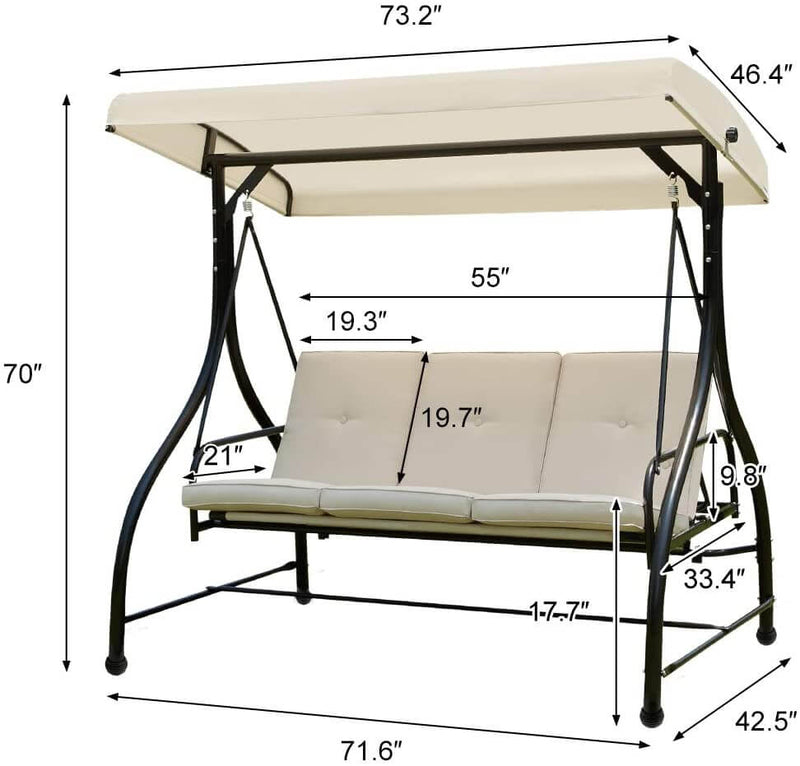 3 Person Patio Porch Swing Outdoor Swing Chair with Adjustable Canopy Weather Resistant Steel Frame & Padded, Beige