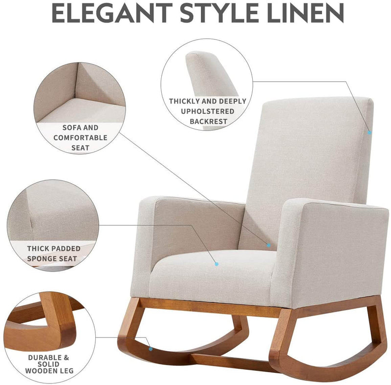 Rocking Chair, Mid Century Accent Chair, Glider Rocker with Ottoman,Seat Wood Base, High Back Linen Armchair, Beige