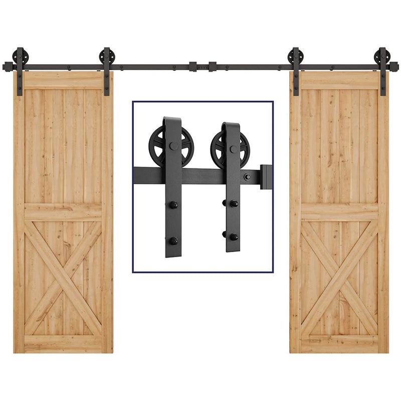 Bi-Parting Double Sliding Barn Door Hardware Basic Black Big Spoke Wheel Roller Kit