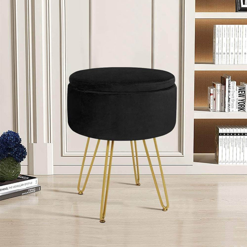 Velvet Footrest Storage Ottoman Round Modern Upholstered Vanity Footstool Side Table Seat Dressing Chair with Golden Metal Leg, Black