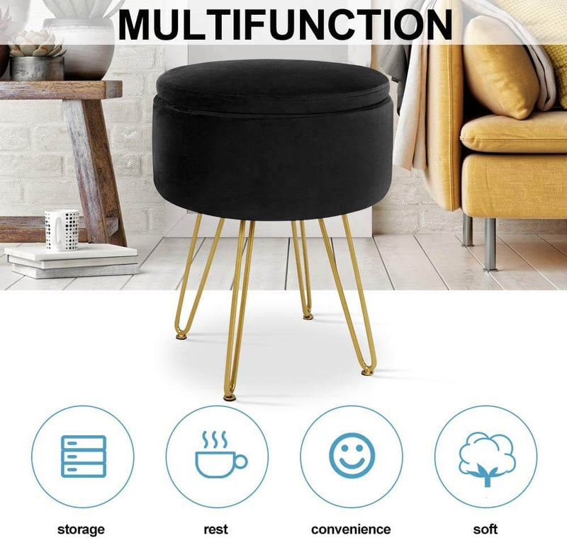 Velvet Footrest Storage Ottoman Round Modern Upholstered Vanity Footstool Side Table Seat Dressing Chair with Golden Metal Leg, Black