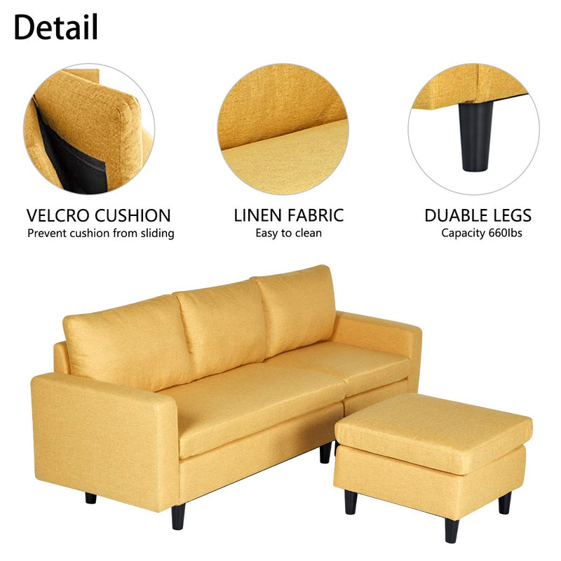 Convertible L-Shaped Sectional Sofa Couch with Modern Linen Fabric Yellow