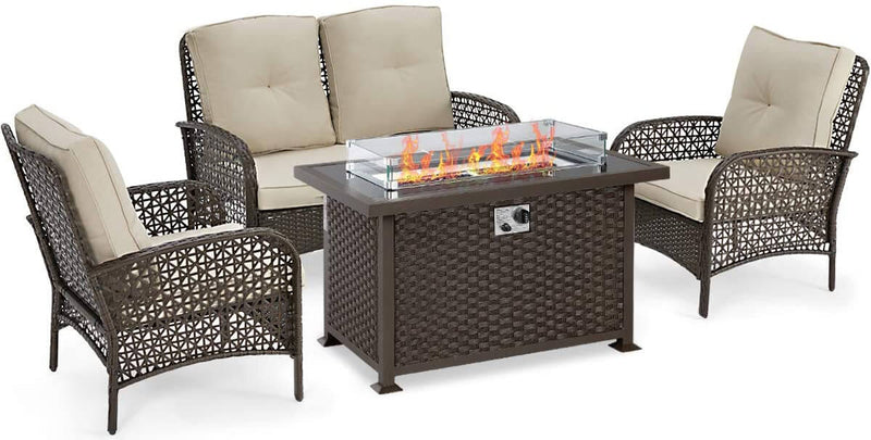 4 Pcs Outdoor Patio Furniture Sets Rattan Sofa Chair Wicker Set, Deck Furniture Set with Firepit Table, Brown