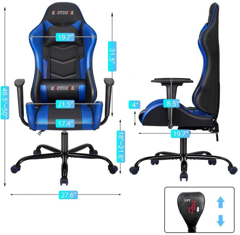 Gaming Chair Massage Ergonomic Office Chair High Back Computer Chair Racing PU Leather Recliner with Headrest & Lumbar Pillow, Black & Blue