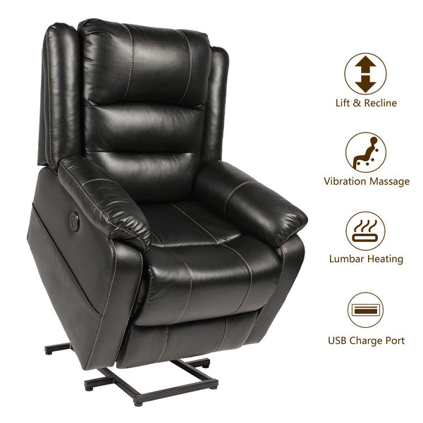 Power Lift Chair Faux Leather Electric Recliner for Elderly, Heated Vibration Massage Sofa with Side Pockets, USB Charge Port & Remote Control, Black