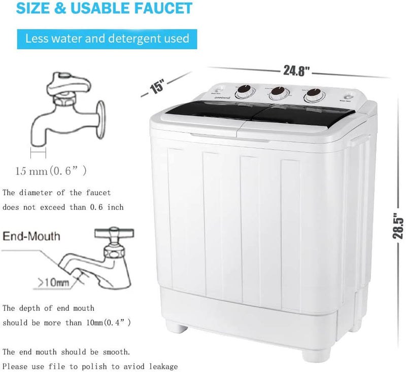 HOMHUM Portable Mini Compact Twin Tub Washing Machine w/Wash and Spin Cycle, 17lbs 2IN1 Washer Spin Dryer, White/Black