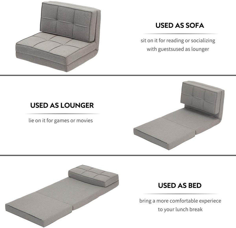 Triple Fold Down Sofa Bed, Adjustable Floor Couch Sofa 5 Adjustable Positions 6 Reclining Angles Sleeper Sofa Guest Chaise Loungefor Living Room and Bedroom Grey