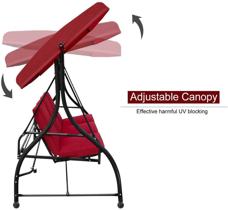 3 Person Patio Porch Swing Outdoor Swing Chair with Adjustable Canopy Weather Resistant Steel Frame & Padded, Red