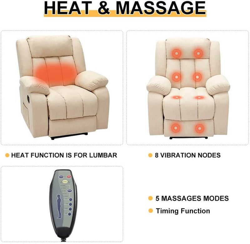 Massage Recliner Chair Fabric Heated Ergonomic Lounge Chair Overstuffed Reclining Chair Single Sofa for Living Room, Remote Control, Beige