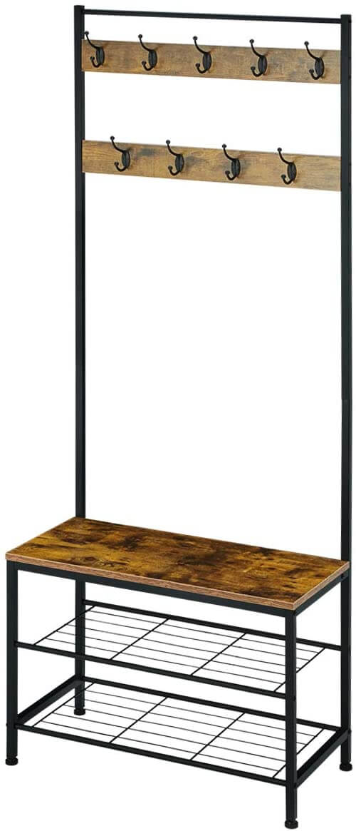 Industrial Coat Rack, Hall Tree Entryway Shoe Bench, Storage Shelf Organizer, Accent Furniture with Metal Frame