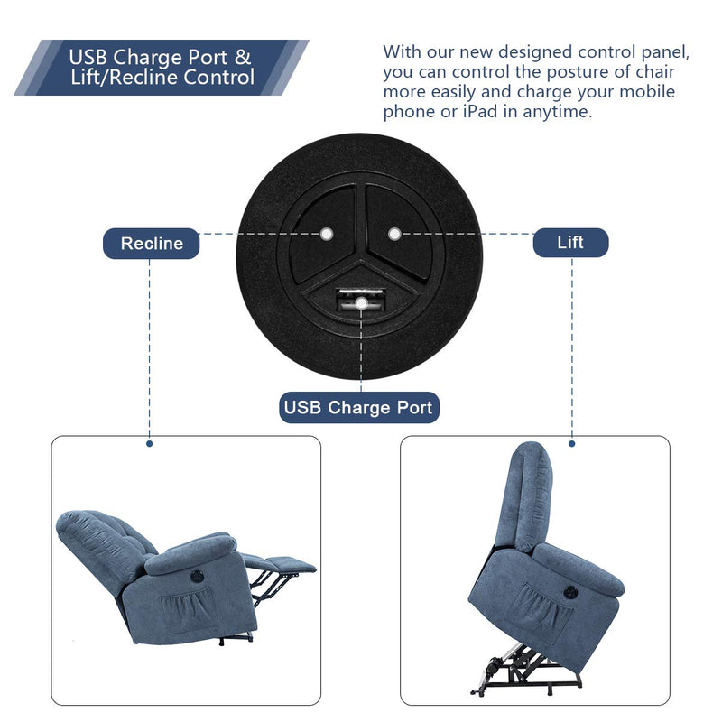 Power Lift Microfiber Electric Recliner Chair with Heated Vibration Massage Sofa Fabric Living Room Chair with Side Pockets, USB Charge Port & Massage Remote Control, Blue