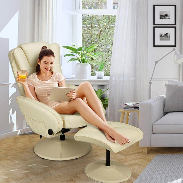 Recliner Chair and Ottoman, 360 Degrees Swivel Ergonomic Faux Leather Lounge Recliner with Footrest, Vibration Massage Lounge Chair with Side Pocket, Cream White