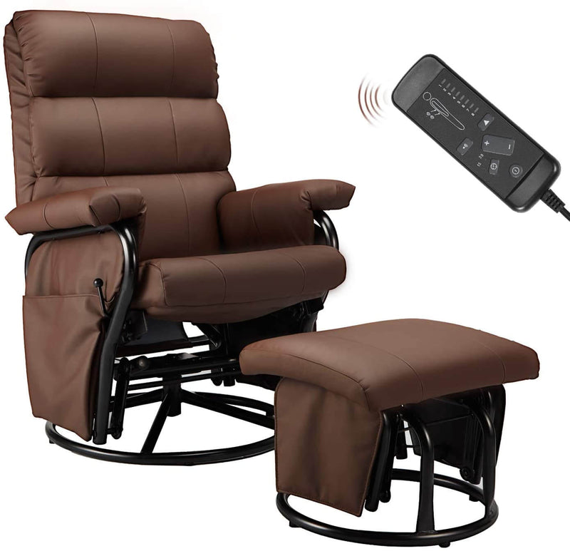 Glider Recliner with Ottoman, Swivel Glide Chair, Faux Leather Lounge Recliner with Footrest, Vibration Massage Lounge Chair with Side Pocket, Brown
