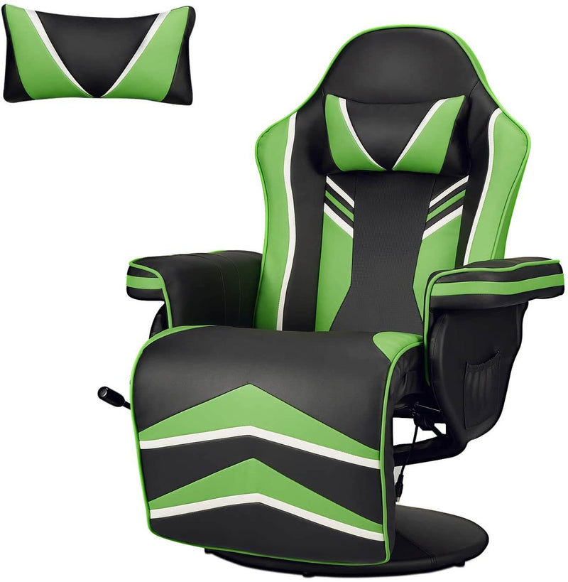 Gaming Chair Recliner Ergonomic Racing Chair with Vibration Massage Adjustable Backrest and Footrest, Swivel Faux Leather Office Chair, Green