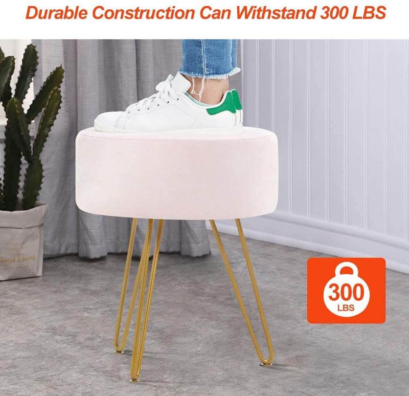 Velvet Footrest Ottoman Round Modern Upholstered Vanity Footstool Side Table Seat Dressing Chair with Golden Metal Leg, Pink