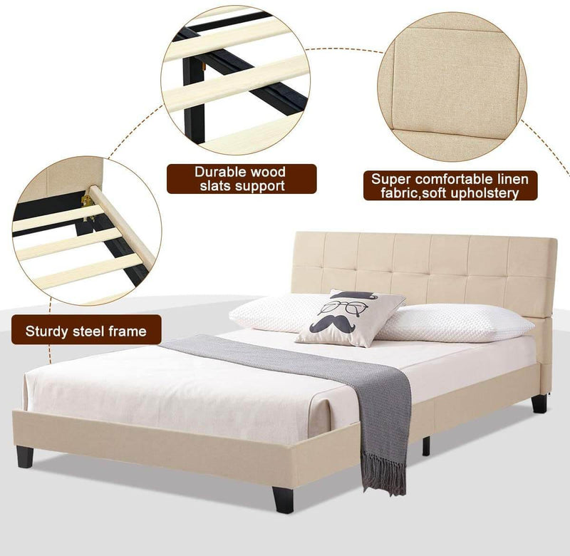 Platform Bed Frame, Queen Size Linen Fabric Bed Frame with Wood Slats Support, Upholstered Platform Bed Mattress Foundation,Easy Assembly (Queen Size/Beige)