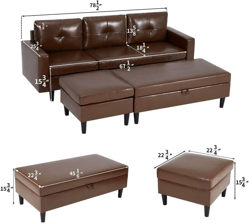 Small Faux Leather Sectional Sofa with Storage Ottoman and Chaise Lounge, 3-Seat Living Room Furniture Sets for Small Apartment, Dark Brown