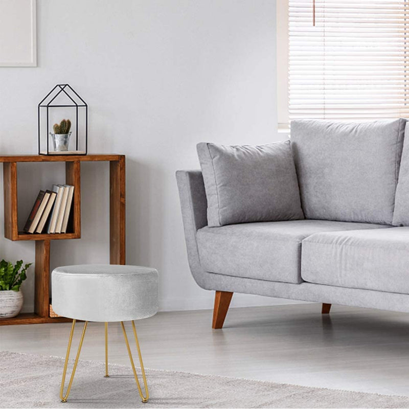 Velvet Footrest Ottoman Round Modern Upholstered Vanity Footstool Side Table Seat Dressing Chair with Golden Metal Leg, Gray