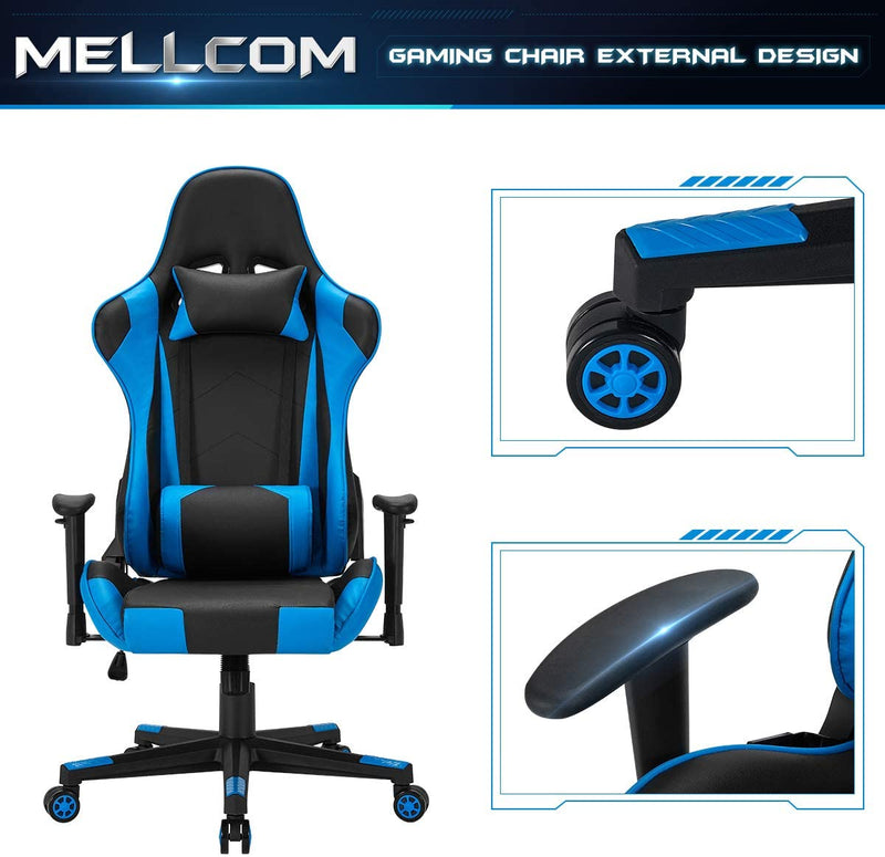 Gaming Chair Racing Office Chair, Ergonomic High Back Desk Chair Height Adjustment Swivel Rocker with Headrest and Lumbar Support Pillow (Blue)