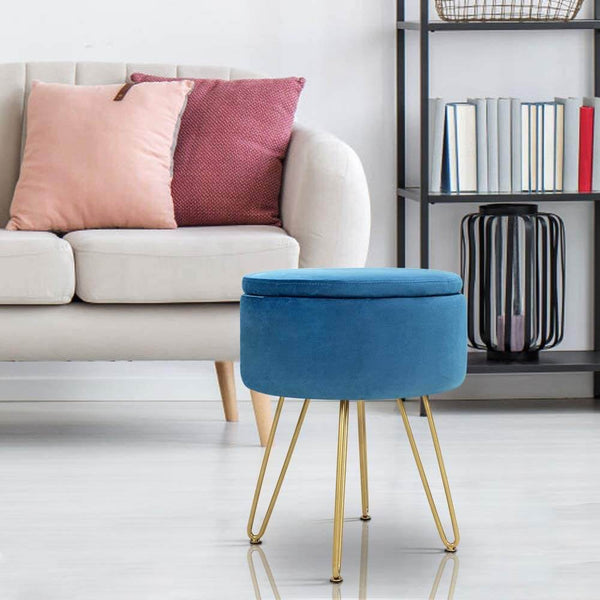 Velvet Footrest Storage Ottoman Round Modern Upholstered Vanity Footstool Side Table Seat Dressing Chair with Golden Metal Leg, Blue
