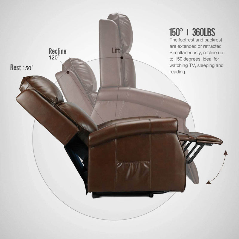 Electric Power Lift Recliner Chair, Faux Leather Electric Recliner for Elderly with Heated Vibration Massage, Side Pocket & Remote Control, Brown