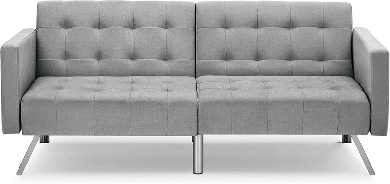 Convertible Futon Sofa Bed w/ Adjustable Backrest, Chenille Fabric Sleeper Sofa Couch, Split-Back & Folding Loveseat, Light Grey