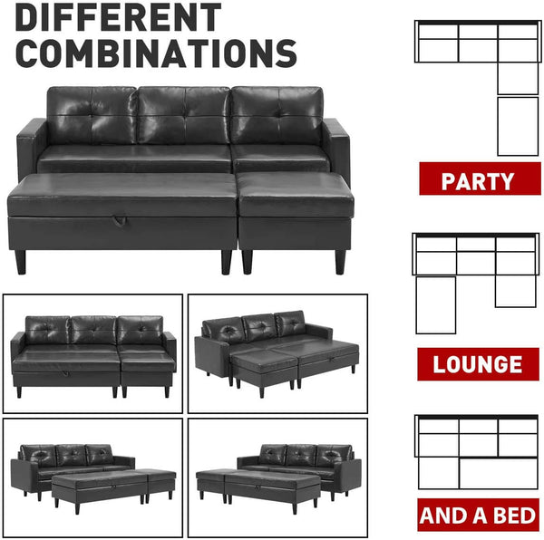 Small Faux Leather Sectional Sofa with Storage Ottoman and Chaise Lounge, 3-Seat Living Room Furniture Sets for Small Apartment, Dark Gray