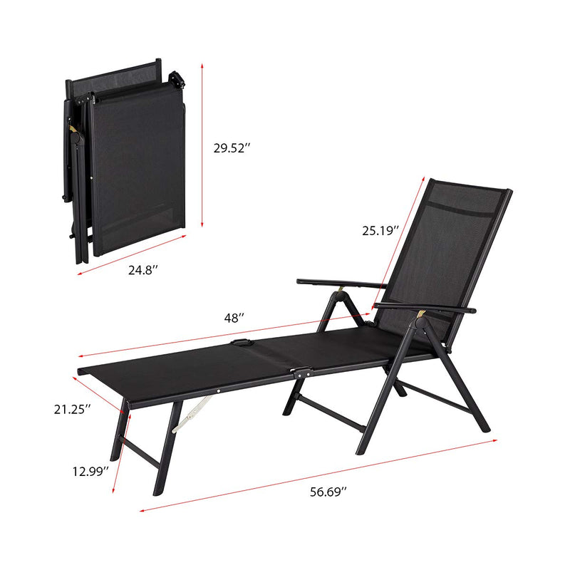 Outdoor Folding Textiline Reclining Chaise Lounge Chair Adjustable Positions (Black)