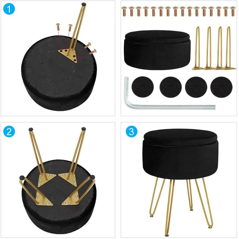 Velvet Footrest Storage Ottoman Round Modern Upholstered Vanity Footstool Side Table Seat Dressing Chair with Golden Metal Leg, Black