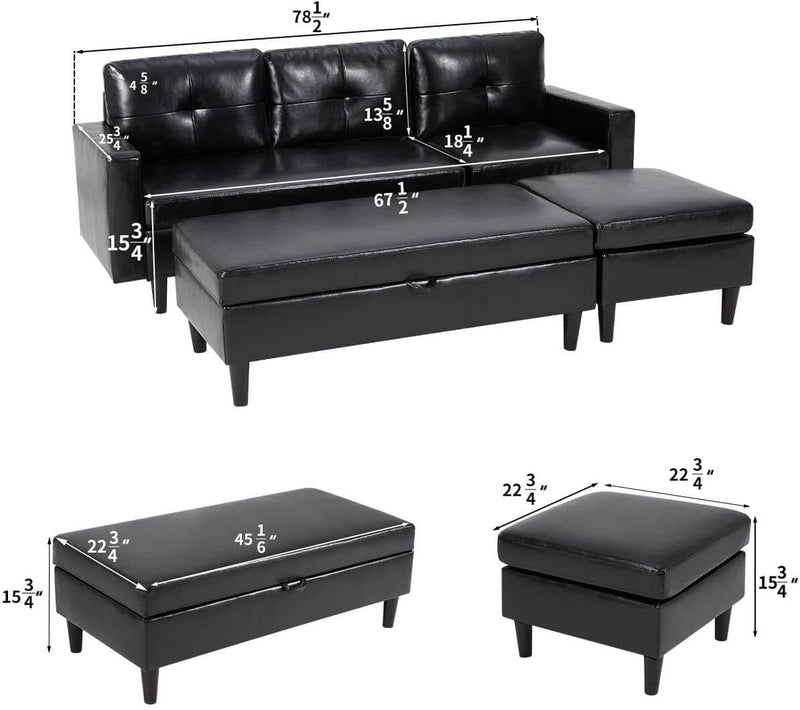 Small Black Faux Leather Sectional Sofa with Storage Ottoman and Chaise Lounge, 3-Seat Living Room Furniture Sets for Small Apartment, Black