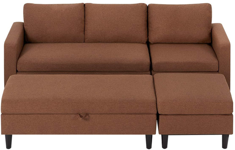 Sectional Sofa with Ottoman and Chaise Lounge, 3-Seat Living Room Furniture Sets, L-Shape Couch Sofa for Living Room, Brown