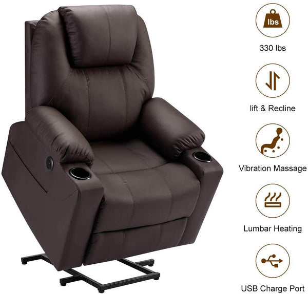 Electric Power Recliner Lift Chair Faux Leather Electric Recliner for Elderly, Heated Vibration Massage Sofa with Side Pockets, USB Charge Port & Remote Control, Dark Brown