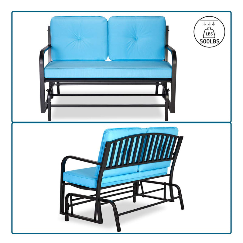 Outdoor Patio Glider Bench Swing Chair with Blue Removable Cushion