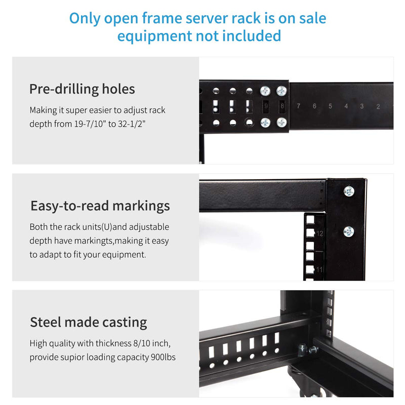 12U Network Rack Open Frame Server Rack Shelf Adjustable Depth with Casters