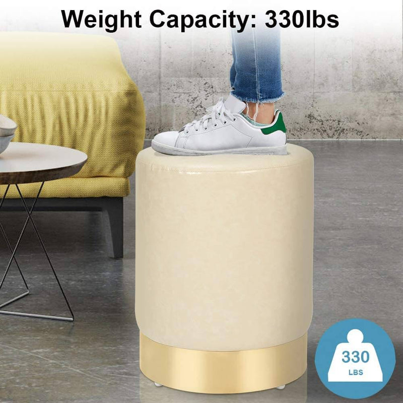 PU Leather Ottoman Round Foot Stool Footrest, Soft Compact Padded Stool, Living Room Bedroom Decorative Furniture, Cream
