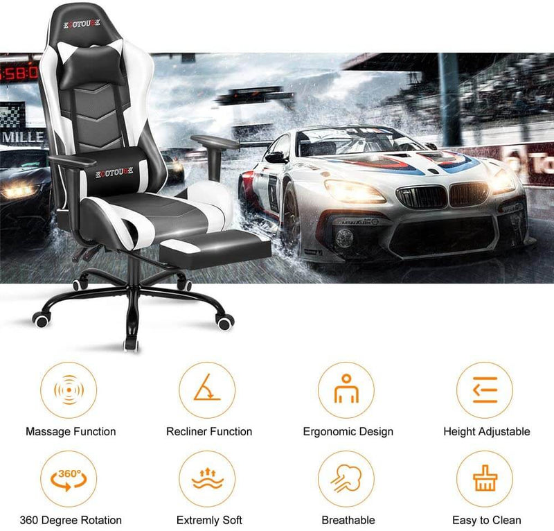 Gaming Chair Massage Ergonomic Office Chair High Back Computer Chair Racing PU Leather Recliner with Footrest, Black & White