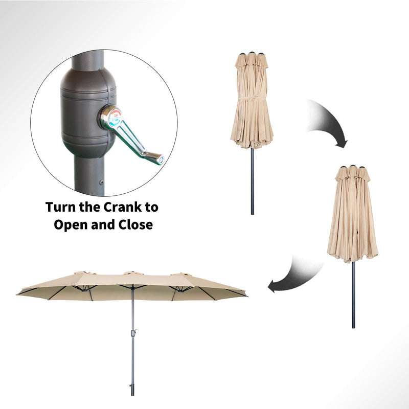 15x9ft Double-Sided Patio Umbrella, Large Market Sunbrella Table Umbrellas with Crank Air Vents (Beige)